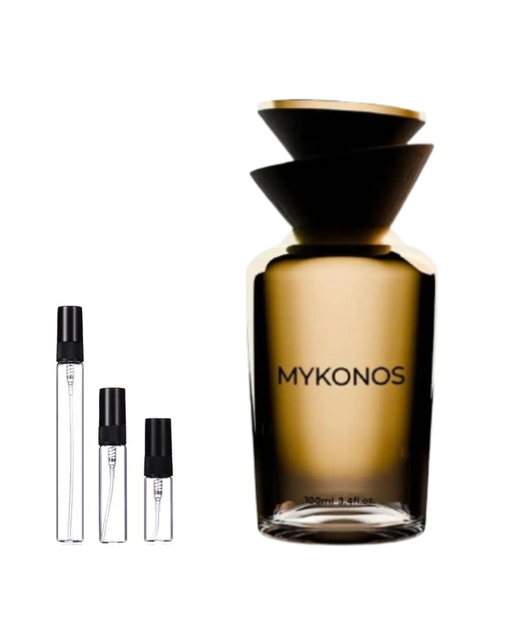 Mykonos Monaco Royale sample – decant naast de volle fles ter herkenning